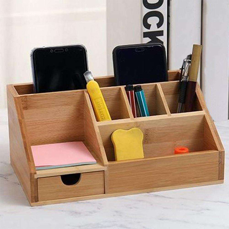 Large-Capacity Office Stationery Storage Box Multifunctional Custom Bamboo Desktop Organizer For Home Office Supplies