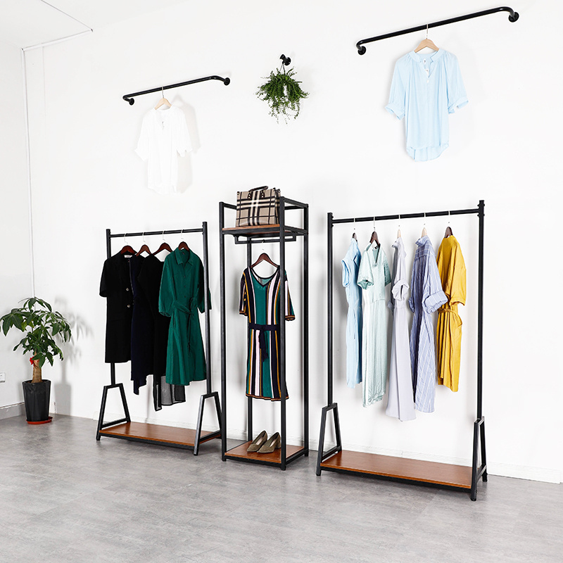 Retail Store Fixture Hanging Clothes Custom Shop Metal black Clothing Dress Display Rack Double Rod  display Rack For Clothes