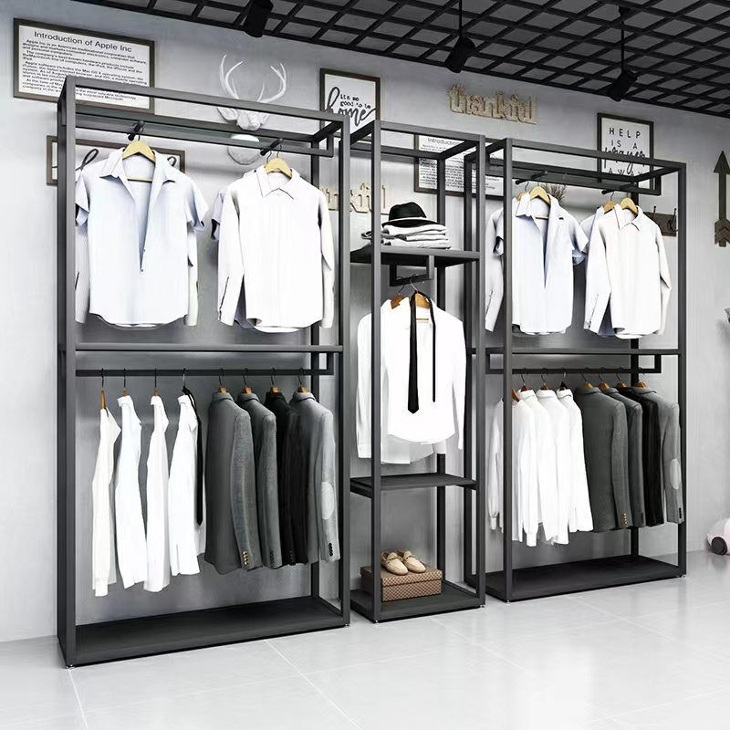 Retail Store Fixture Hanging Clothes Custom Shop Design Metal Gold Black Clothing Dress Display Rack