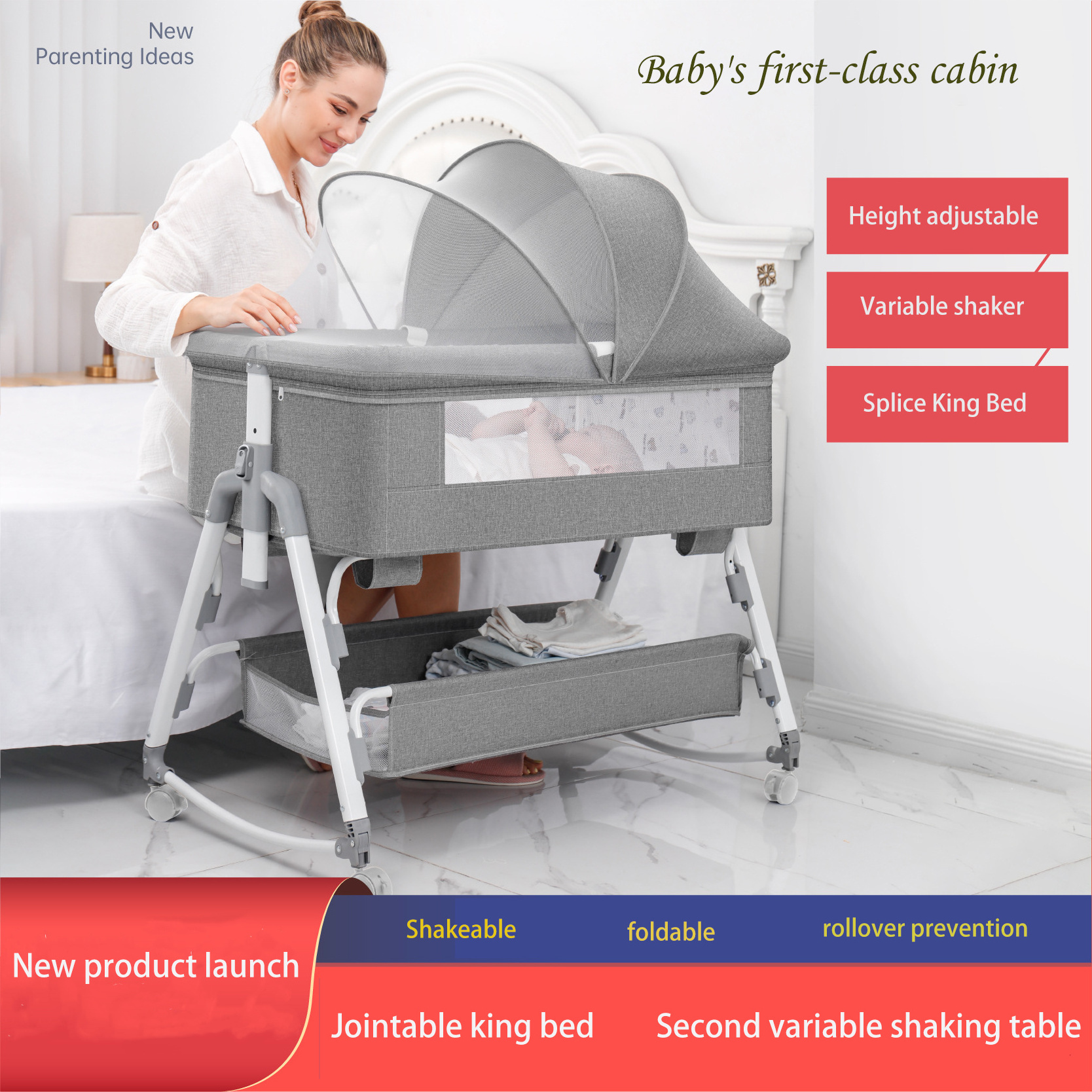 Multifunctional Newborn Baby Bedside Sleeper, Potable Infant Bassinet, Luxury Baby Bassinet Bedside Crib with Canopy