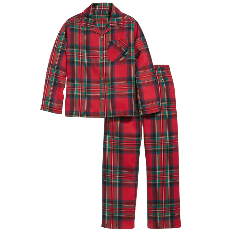 Custom 2 Piece Flannel Christmas Pyjamas Boys Girls Shirt And Pants Red Plaid Pajamas For Kids