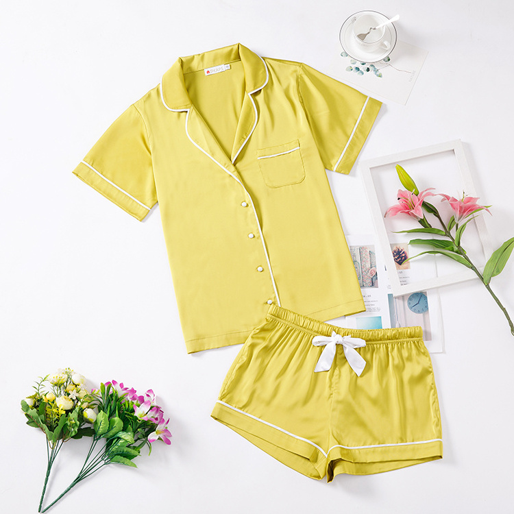 Hot Summer Women Short Pajamas Elastic Waist Lapel Short Ladies Sleepwear Pajamas Set Wholesale