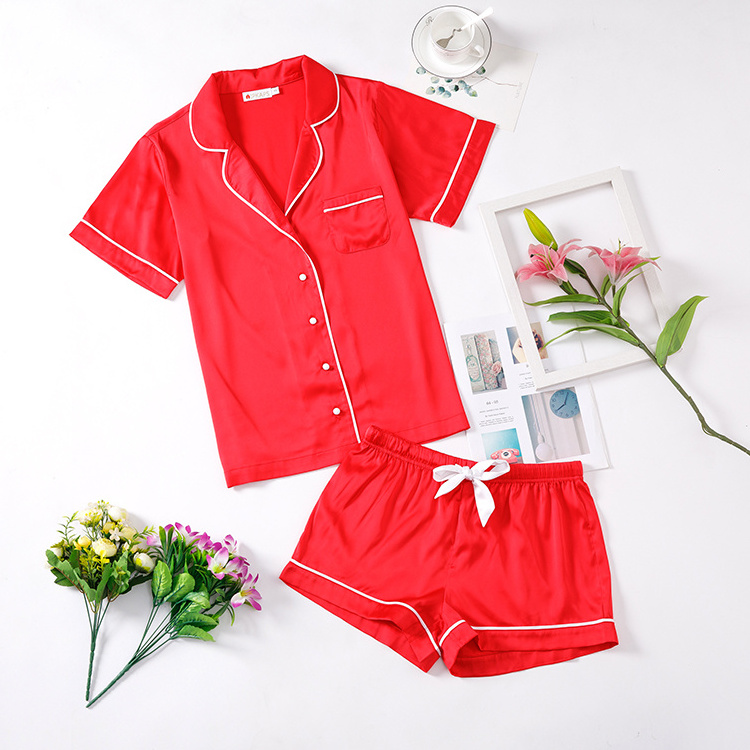 Hot Summer Women Short Pajamas Elastic Waist Lapel Short Ladies Sleepwear Pajamas Set Wholesale