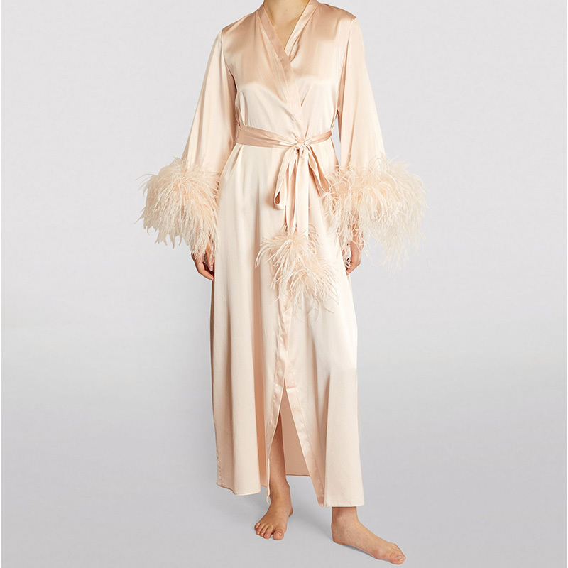 Wholesale New Arrival Satin Kimono Robe Femme Long Bride Robe Women's Satin Silk Sleepwear Ostrich Girls Feather Bridesmaid Robe