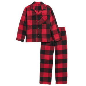 Custom 2 Piece Flannel Christmas Pyjamas Boys Girls Shirt And Pants Red Plaid Pajamas For Kids