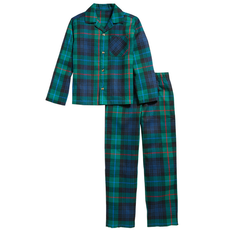 Custom 2 Piece Flannel Christmas Pyjamas Boys Girls Shirt And Pants Red Plaid Pajamas For Kids