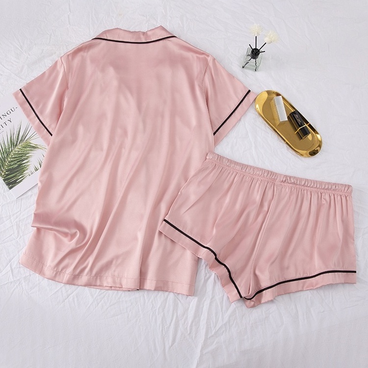 Custom Summer Women's Sleepwear Short Sleeve Nightwear luxury Satin Silk Pajamas Suit Two Piece Pajama Set For Women