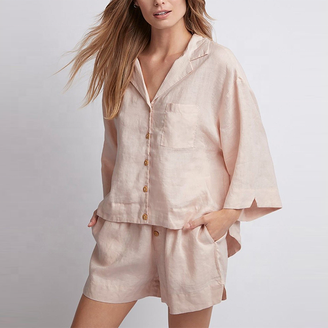 Custom Summer High Quality Pyjamas Women's Sleepwear 2 Piece Short Sleeve 100% Linen Pajama Set Women