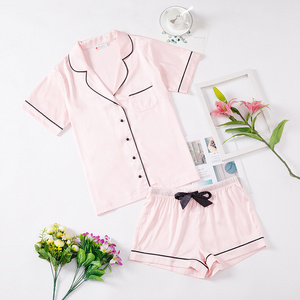 Hot Summer Women Short Pajamas Elastic Waist Lapel Short Ladies Sleepwear Pajamas Set Wholesale