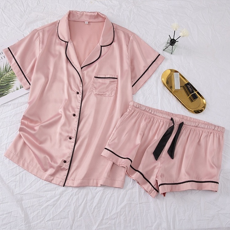 Custom Summer Women's Sleepwear Short Sleeve Nightwear luxury Satin Silk Pajamas Suit Two Piece Pajama Set For Women