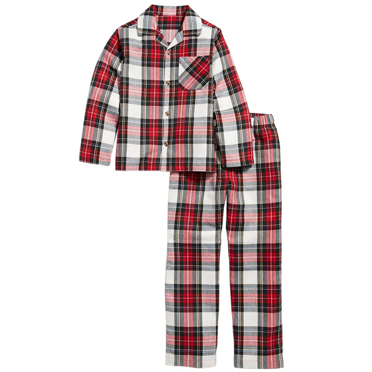 Custom 2 Piece Flannel Christmas Pyjamas Boys Girls Shirt And Pants Red Plaid Pajamas For Kids