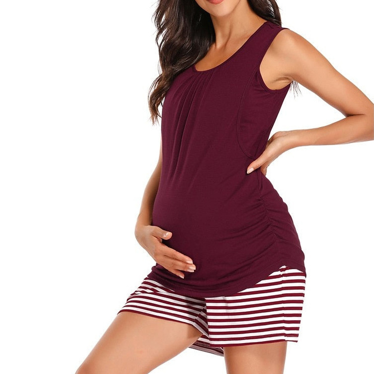 Maternity Sleep & Lounge 2-Piece Set Womens Pregnancy Sleeveless Tank Tops Striped Breastfeeding Maternity Clothes