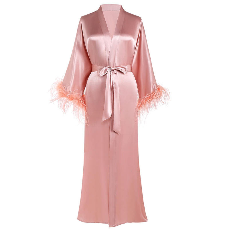 Wholesale New Arrival Satin Kimono Robe Femme Long Bride Robe Women's Satin Silk Sleepwear Ostrich Girls Feather Bridesmaid Robe