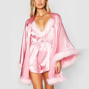 Short Kimono Robe With Fluffy Sleeve  Sheer Feather Lace Lingerie Tail Dress Long Nightgown Fur Robe Transparent Feathers Sexy