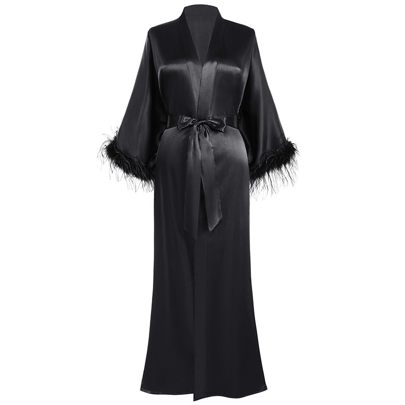 Wholesale New Arrival Satin Kimono Robe Femme Long Bride Robe Women's Satin Silk Sleepwear Ostrich Girls Feather Bridesmaid Robe