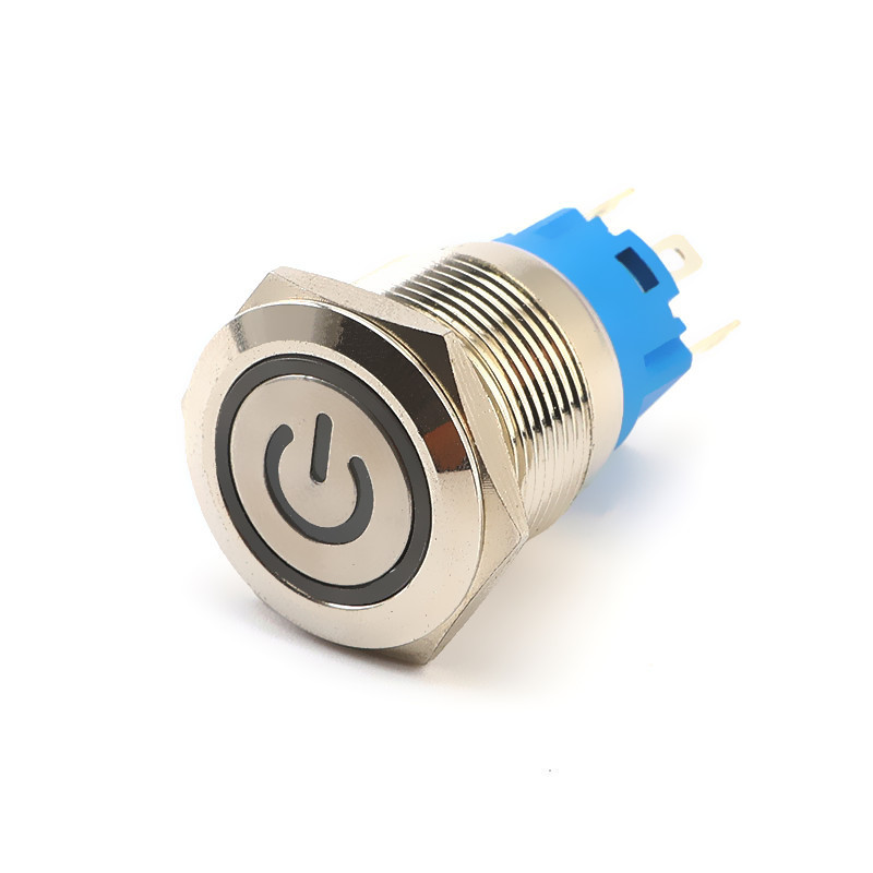 LED POWER ICON Momentary Push Button Switch with 50cm Computer Motherboard Wire 19mm 12v Blue Push on 3A CQC,CCC 250VAC