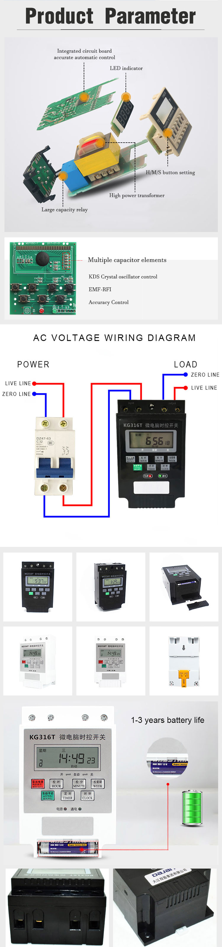 Din Rail KG316T time switch AC 220V 15A Daily Weekly Programmable Microcomputer Timer