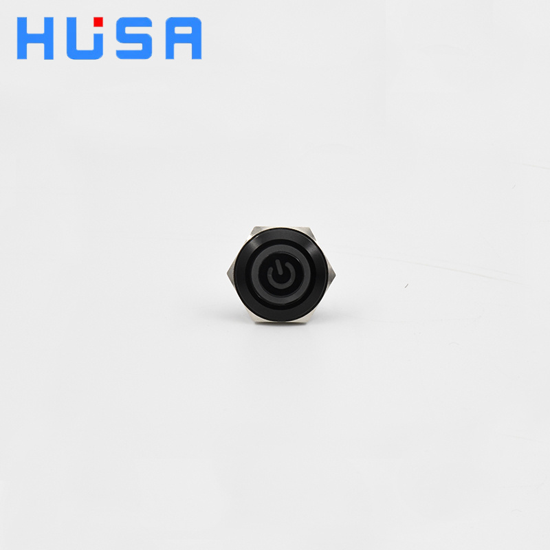 HUSA Factory Supply 16mm Illuminated 12v Ring&Power Light 1NO Black Housing 4 Pin Momentary Short Type Metal Push Button Switch