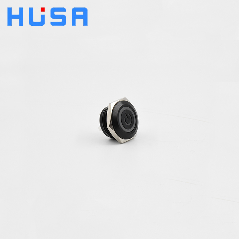 HUSA Factory Supply 16mm Illuminated 12v Ring&Power Light 1NO Black Housing 4 Pin Momentary Short Type Metal Push Button Switch