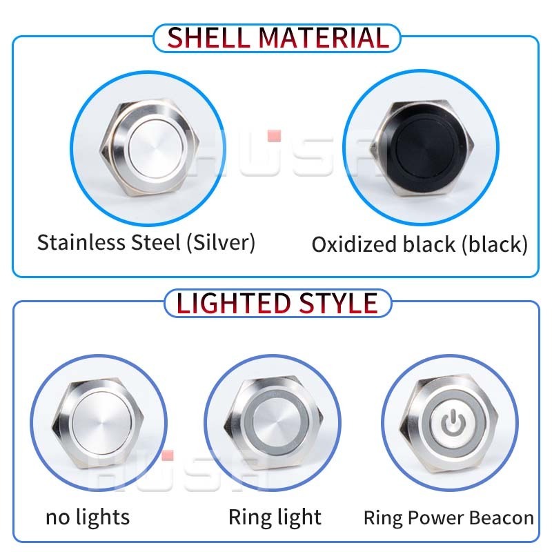 12/16/19/22/25/30mm Short Stroke Mini Waterproof Metal Push Button Switch Power Led Light Momentary 5/12/24/220V black white 1NO