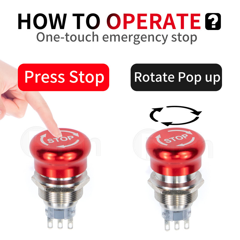 16/19/22mm Ultra Short Style IP65 waterproof Metal  Mushroom head emergency stop push button switch f Rotary reset NO NC