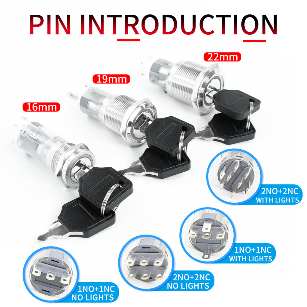 16mm 19mm 22mm LED 24V 220V with key Metal Rotary Push Button Switch 2/3 position self-locking self-reset retaining type NO NC