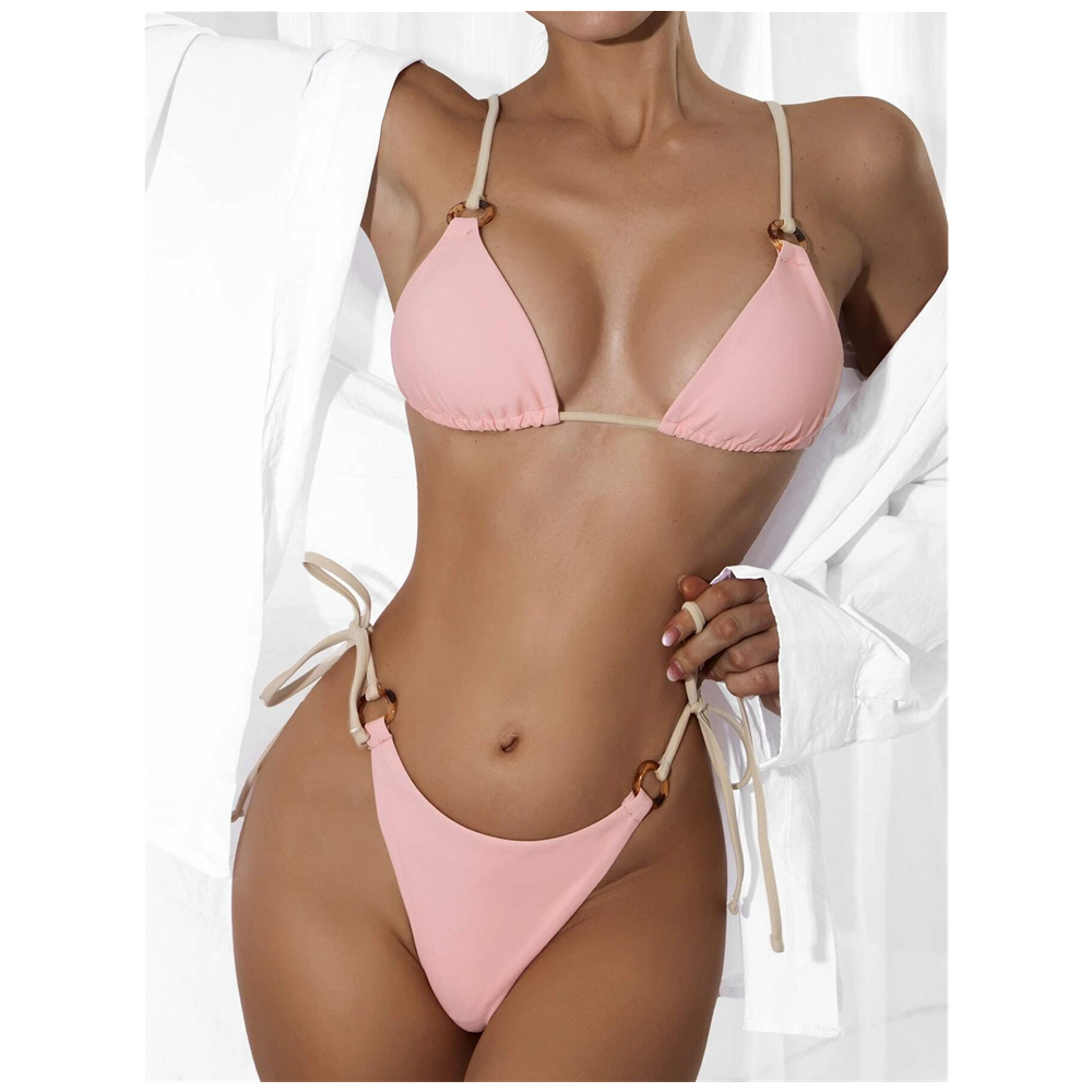 Retro Sexy Women Micro Bikini Customized Brand Your Logo Round Ring Connector Side Tie String Solid Color Swimsuit