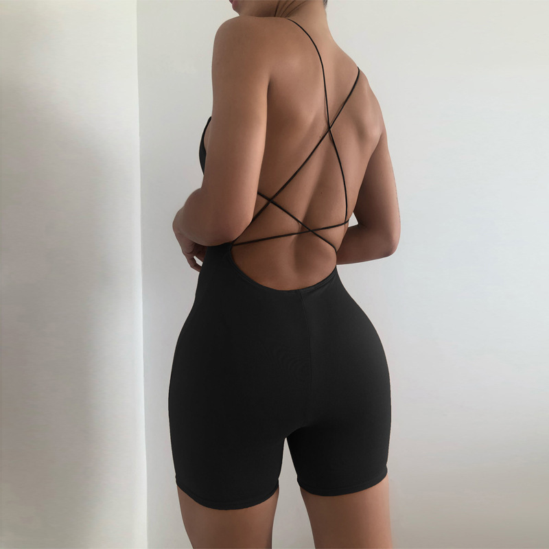 Womens Sexy Unitard Bodysuit Workout Rompers One Piece Backless Cross Bandage Outfits Shorts Jumpsuits