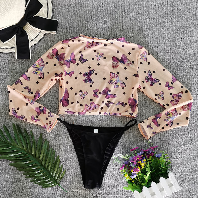 Custom Logo 3 Piece Swimsuit Beach Women Long Sleeve Cover Up Micro Bikini Swimwear Set