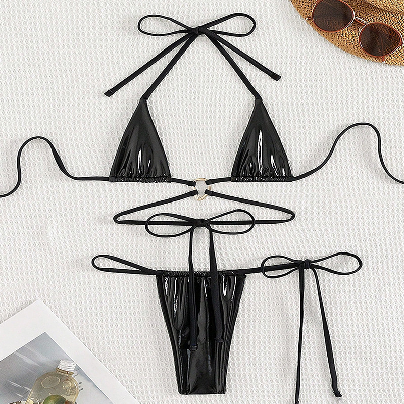 Hot Sale Shiny PU Triangle Mini Swimsuit Fashion Latex Swimwear Women Sexy Micro Thong Bikinis Set