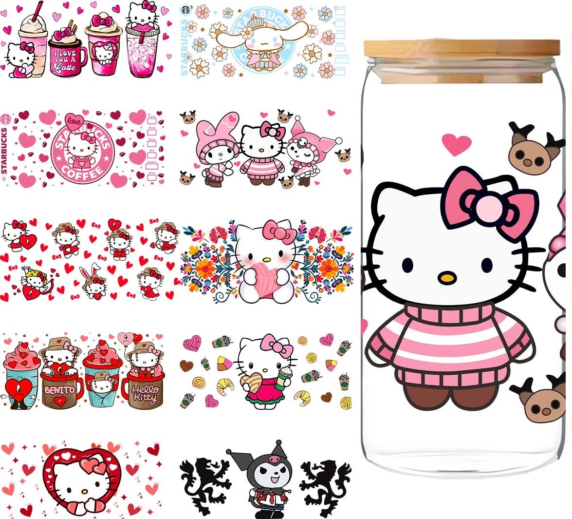 Hot Sale Factory Direct Cup Wrap Transfers 16Oz  Glass Jar Packaging Custom Pattern Uv Dtf 16Oz Stickers Hello Stickers Kitty