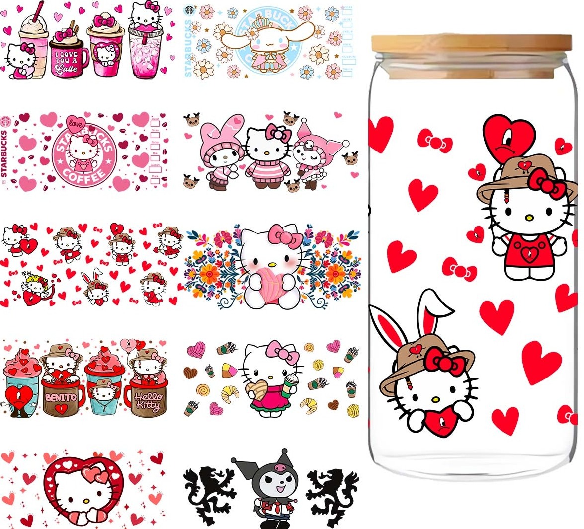 Hot Sale Factory Direct Cup Wrap Transfers 16Oz  Glass Jar Packaging Custom Pattern Uv Dtf 16Oz Stickers Hello Stickers Kitty