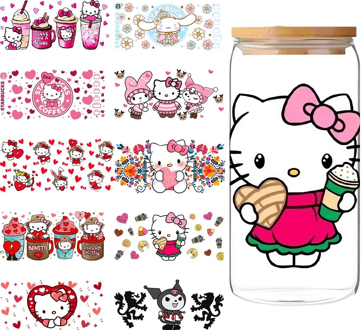 Hot Sale Factory Direct Cup Wrap Transfers 16Oz  Glass Jar Packaging Custom Pattern Uv Dtf 16Oz Stickers Hello Stickers Kitty