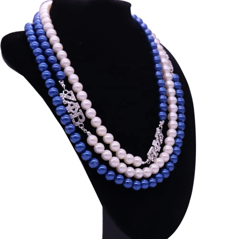 ZETA PHI BETA statement pearl necklace blue white ABS pearl jewelry greek letter ZPB sorority bead necklace