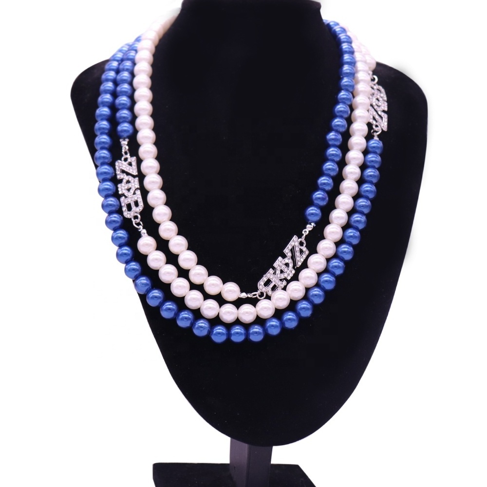 ZETA PHI BETA statement pearl necklace blue white ABS pearl jewelry greek letter ZPB sorority bead necklace