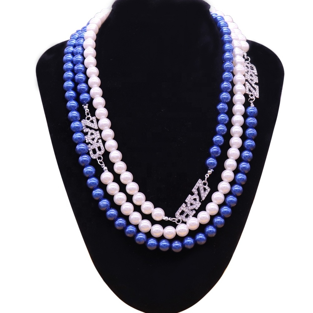 ZETA PHI BETA statement pearl necklace blue white ABS pearl jewelry greek letter ZPB sorority bead necklace