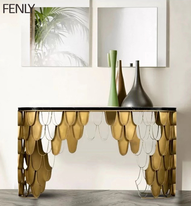 Special Design Metal Stainless Steel Fish Scale Base Cabinet Hotel Tables Marble Top Oval Center Console Table