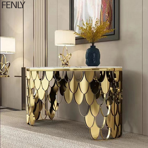 Special Design Metal Stainless Steel Fish Scale Base Cabinet Hotel Tables Marble Top Oval Center Console Table