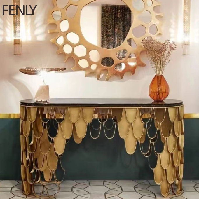 Special Design Metal Stainless Steel Fish Scale Base Cabinet Hotel Tables Marble Top Oval Center Console Table