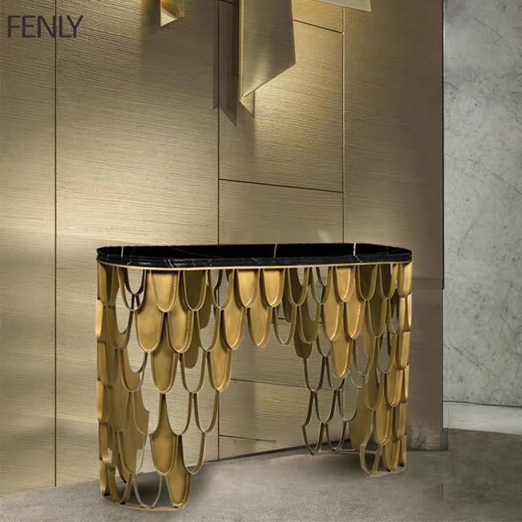 Special Design Metal Stainless Steel Fish Scale Base Cabinet Hotel Tables Marble Top Oval Center Console Table