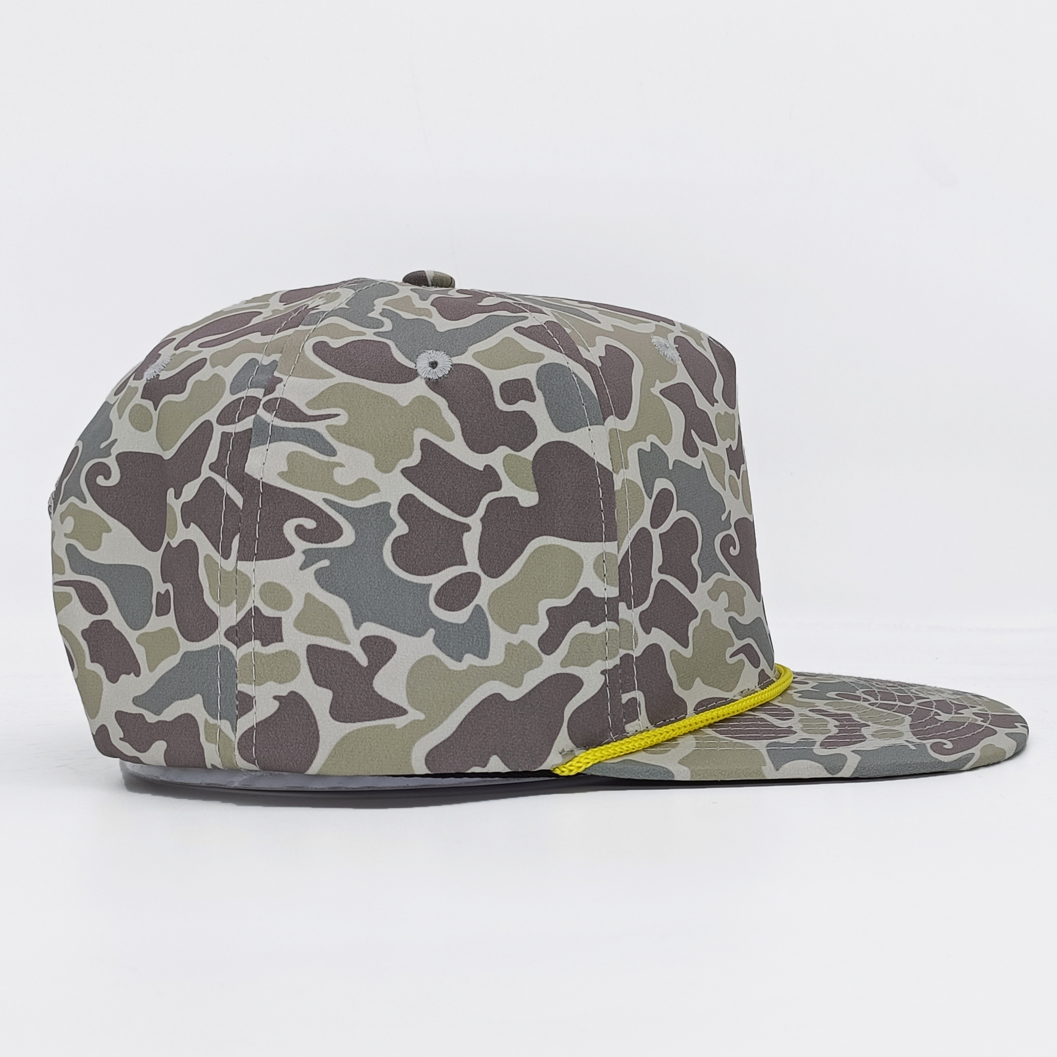 Oem Custom 5 Panel Mens Flat Bill Outdoor Woven Patch Logo Old School Duck Camo Gorras Hunting Fishing Rope Snapback Cap Hat