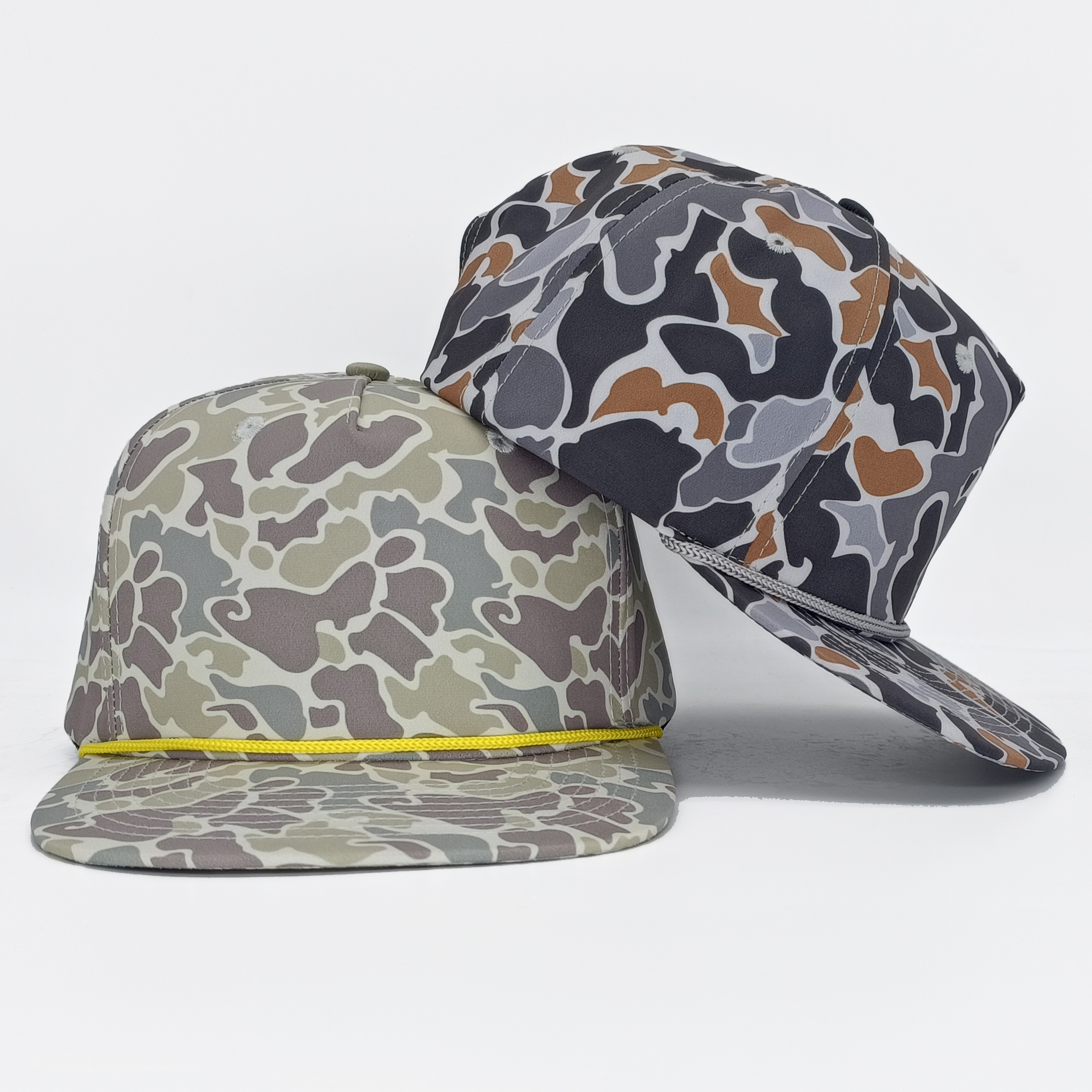 Oem Custom 5 Panel Mens Flat Bill Outdoor Woven Patch Logo Old School Duck Camo Gorras Hunting Fishing Rope Snapback Cap Hat