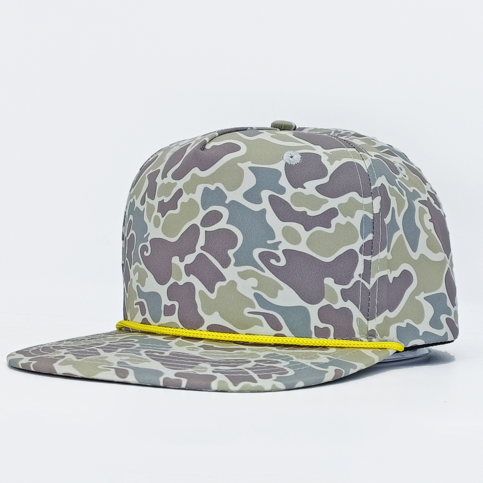 Oem Custom 5 Panel Mens Flat Bill Outdoor Woven Patch Logo Old School Duck Camo Gorras Hunting Fishing Rope Snapback Cap Hat