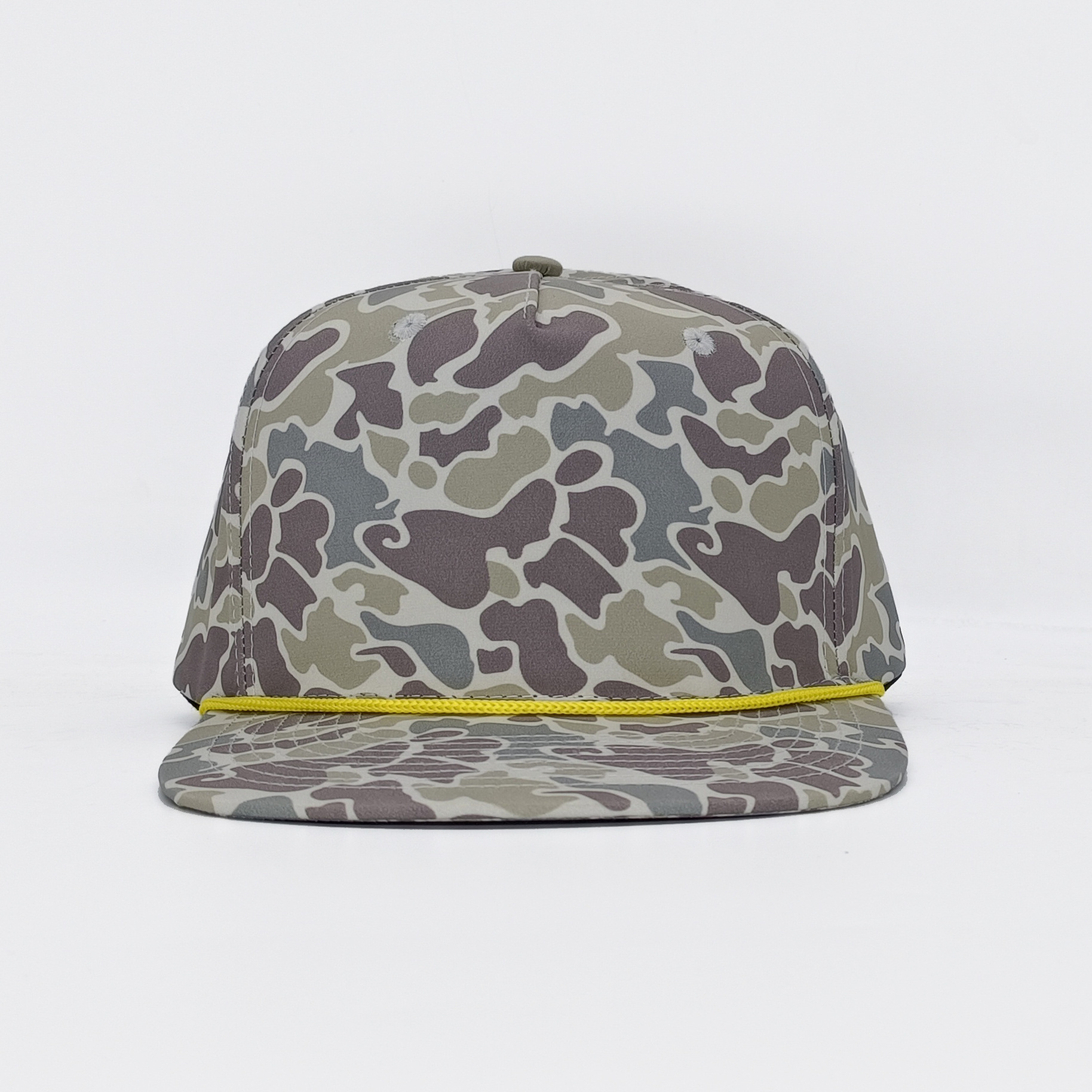 Oem Custom 5 Panel Mens Flat Bill Outdoor Woven Patch Logo Old School Duck Camo Gorras Hunting Fishing Rope Snapback Cap Hat