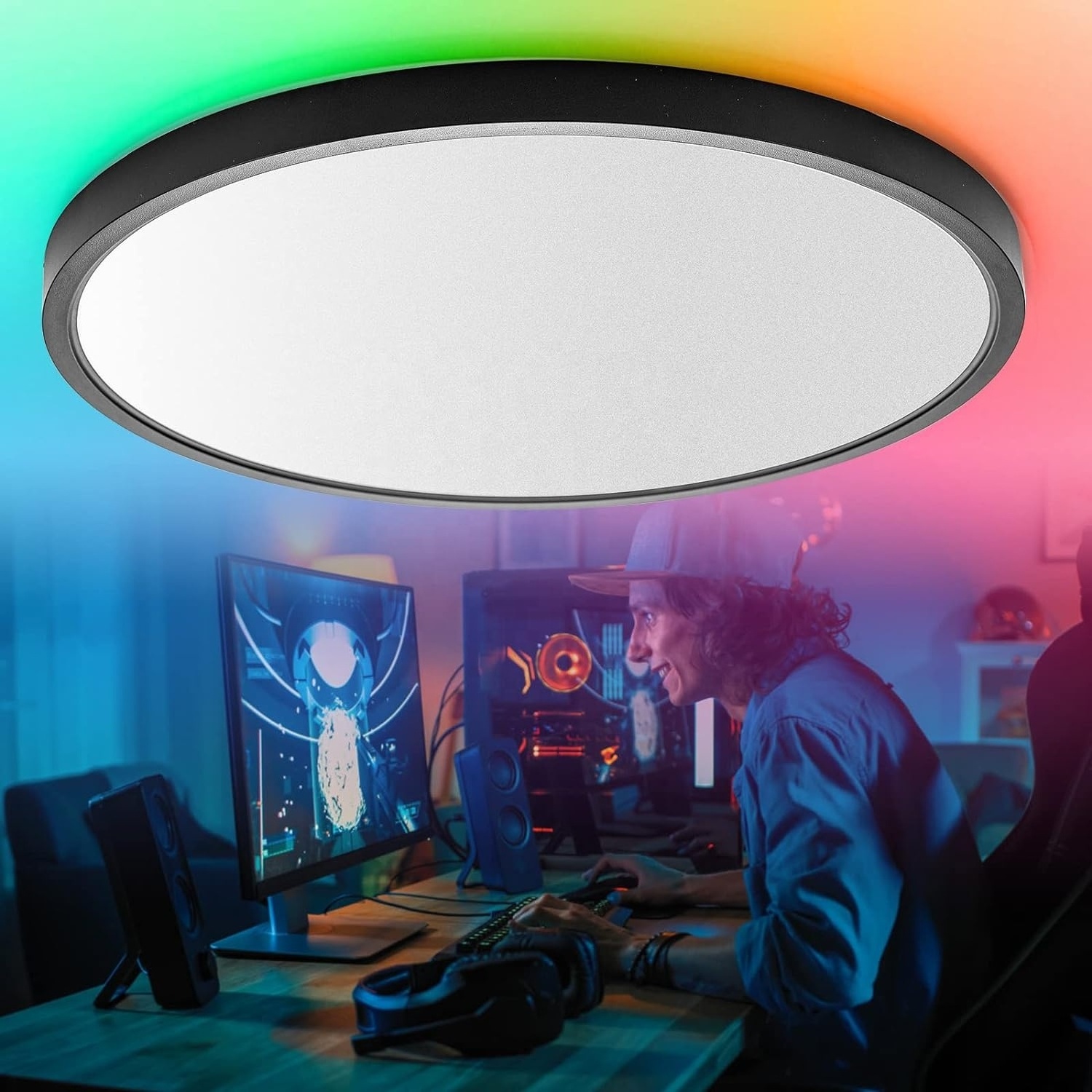 RGB Night Light  Round Thin Ceiling Light Dimmable with Remote Control ,RGB Color Adjustment for Festival, Living Room, Party