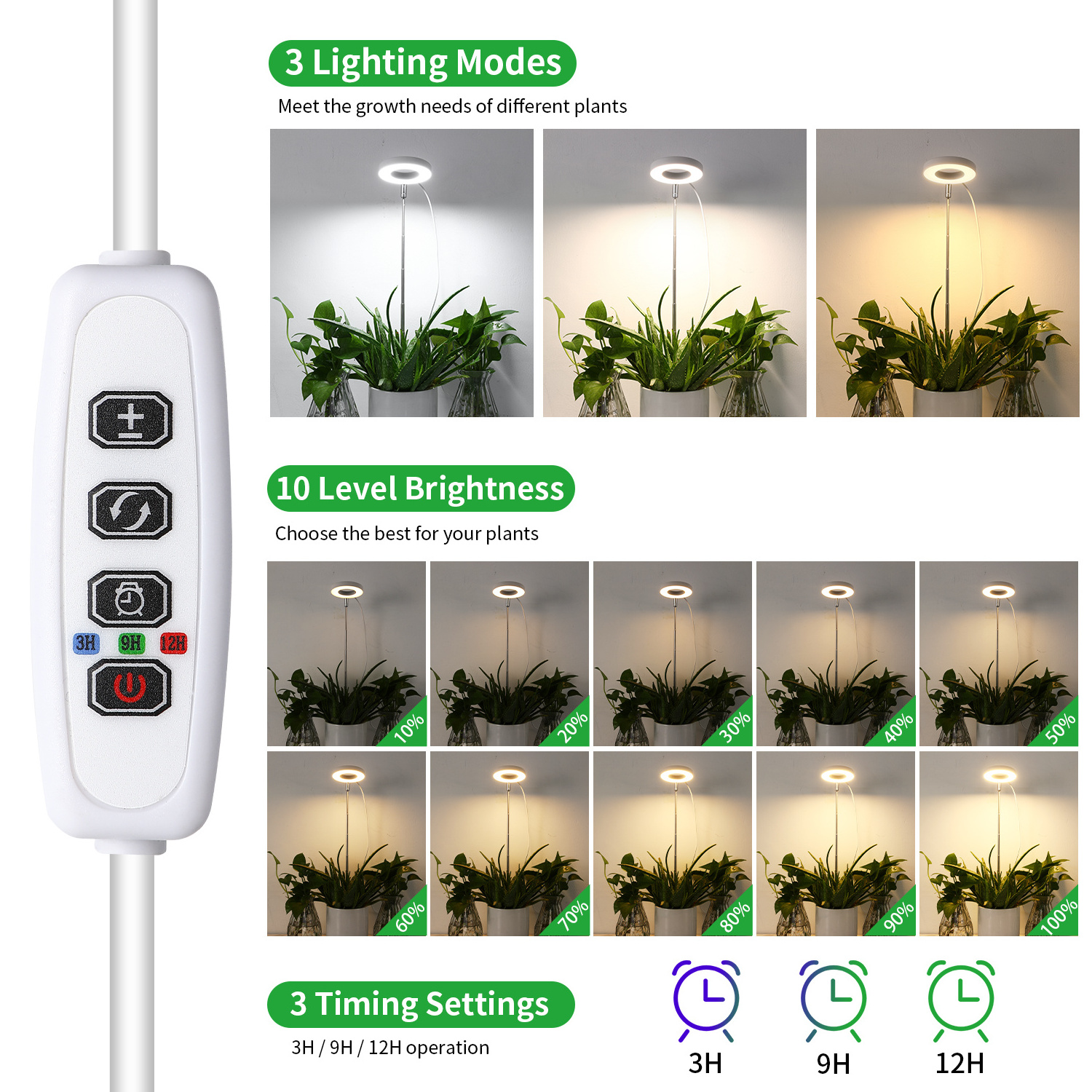 Hot Sale Angle Ring LED Plant Grow Light for Indoor Plants,10 Dimmable,3/9/12H Timer Natural Light Halo Ring Grow Lights