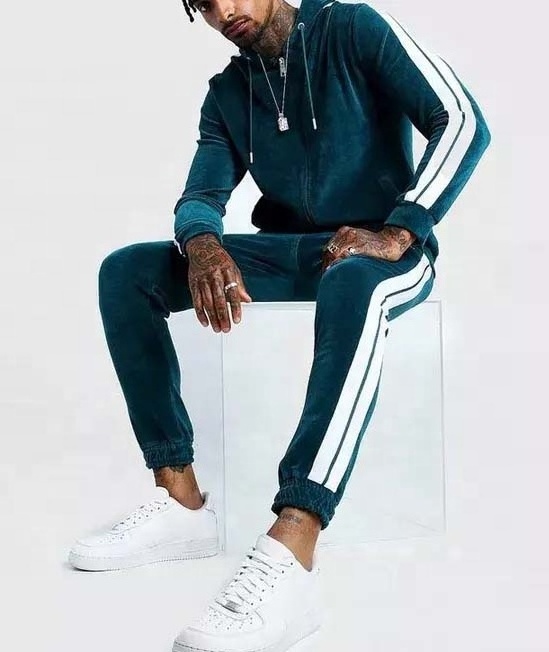 Wholesale OEM Men's High Quality Slim Fit Double Striped Tracksuit Custom Logo Zipper Jogger Set Premium Sweat suit by HP