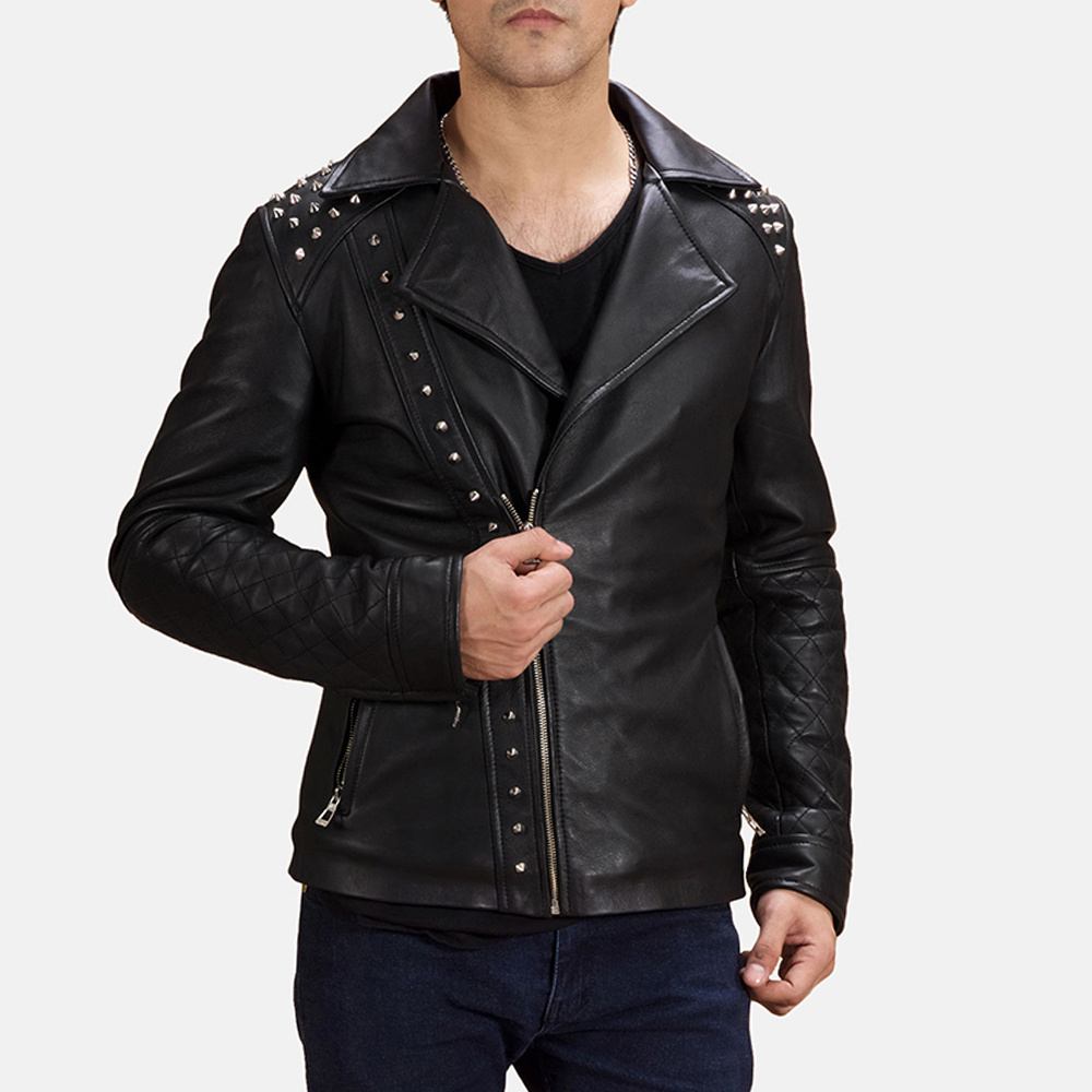 Men Black Studded Biker Leather Jacket for Men Original Cowhide Leather Waterproof Spiked Studded Style Jacket New Fashion Men