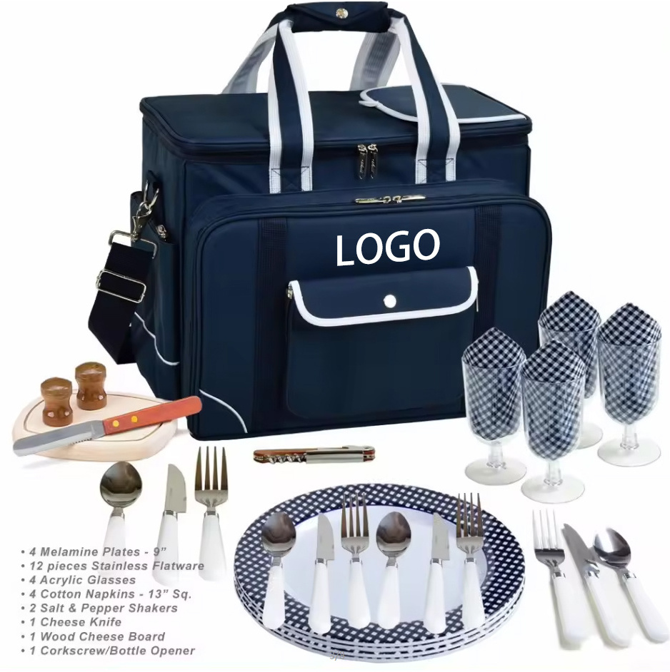 Factory Custom Premium Quality Outdoor Camping Insulated Lunch Cooler Bag Picnic Basket Set Tote Picnic Bag With Plates