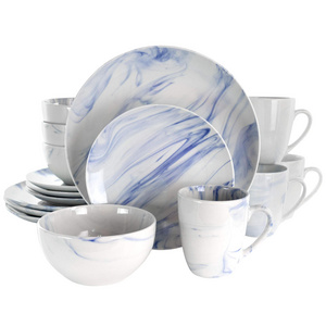 2024 New Design 16pcs Porcelain With Marble Glazed Porcelain Ceramic Dinner Set With Blue Color